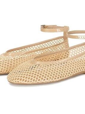 Beige Mesh Ankle-Strap Ballet Flats